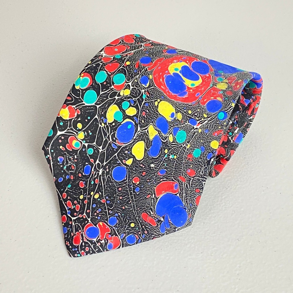VTG Moth Hand Marbled Silk Necktie Mens OS Multicolor Abstract Psychedelic USA